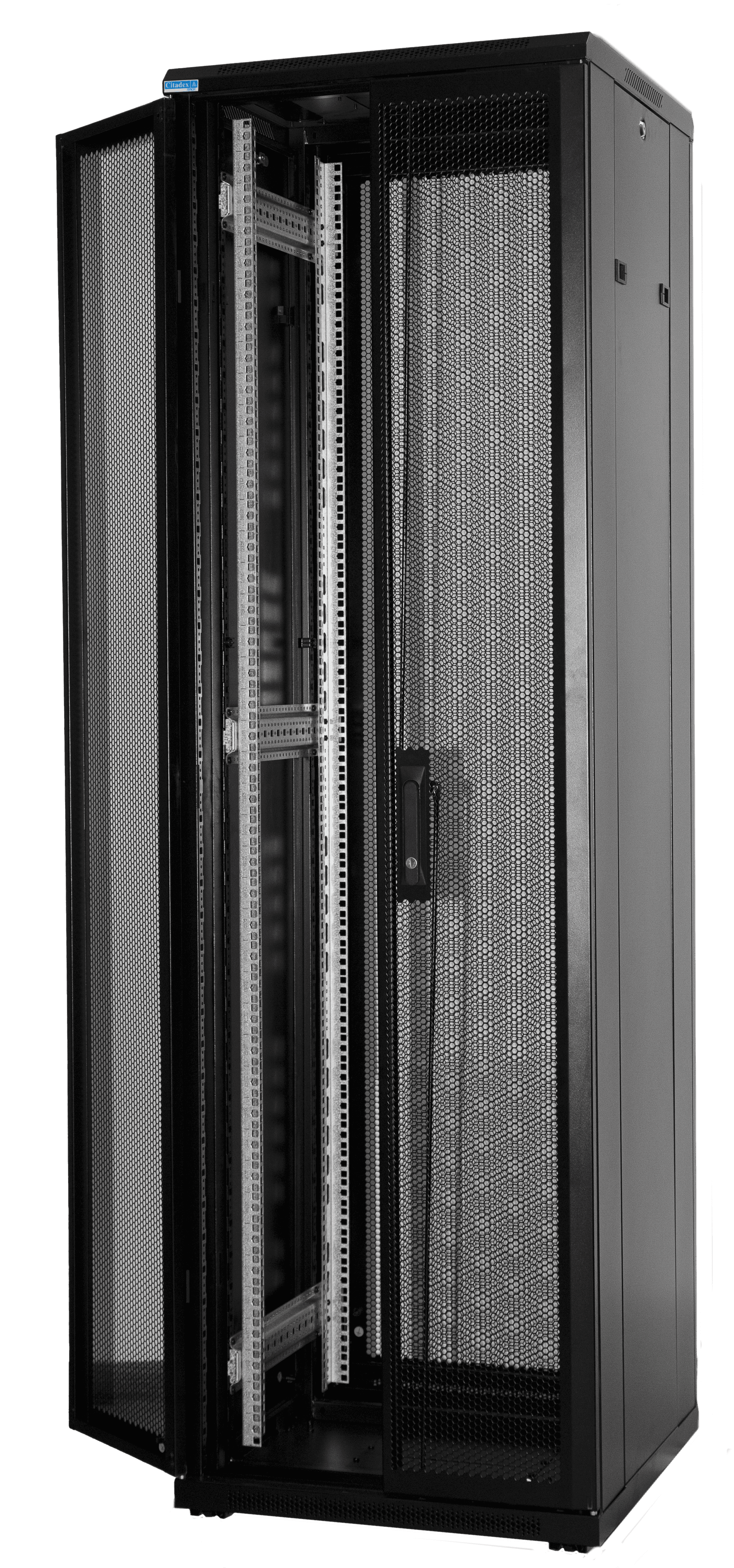 Detalle frontal de armario rack server ancho 600, con doble puerta abierta. Detalle frontal de armario rack server ancho 600, con doble puerta abierta.
