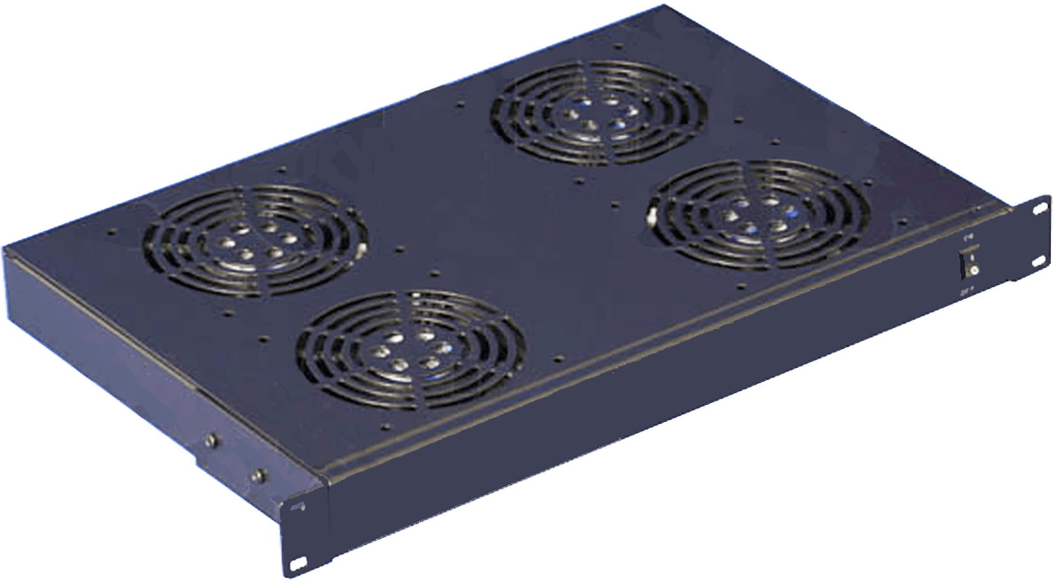 Unidad negra de rack con cuatro ventiladores circulares y orejas de montaje. Unidad negra de rack con cuatro ventiladores circulares y orejas de montaje.
