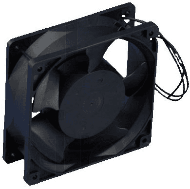 Ventilador negro cuadrado montado en bandeja con cables laterales. Ventilador negro cuadrado montado en bandeja con cables laterales.