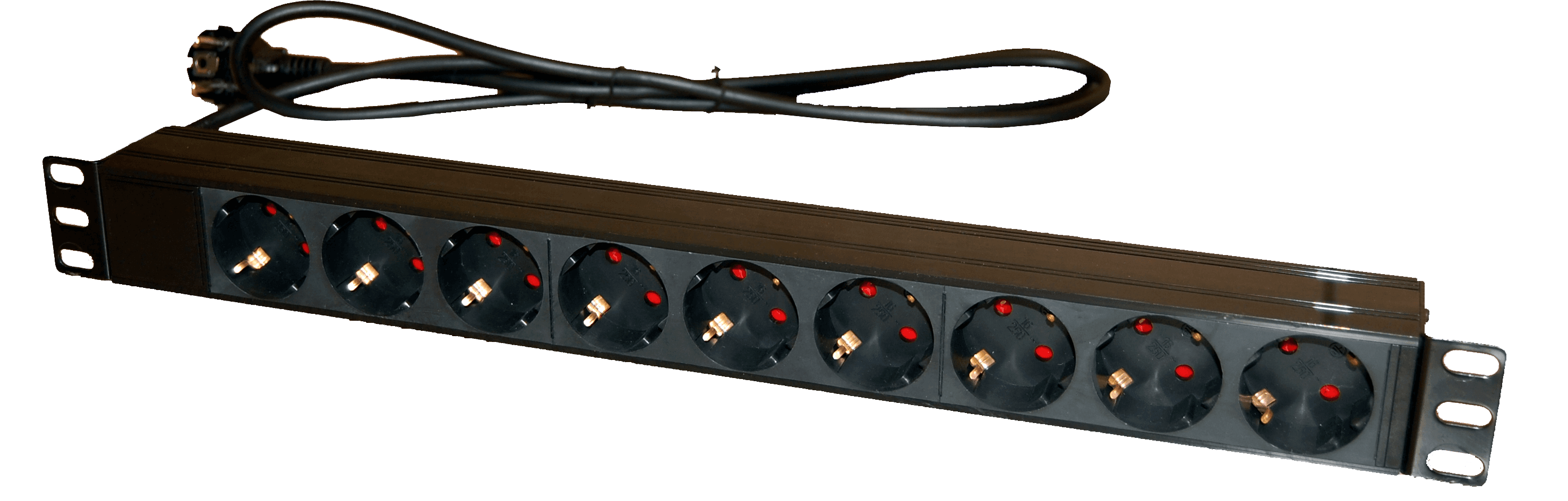 Regleta PDU 19” negra con 8 tomas Schuko y cable. Regleta PDU 19” negra con 8 tomas Schuko y cable.