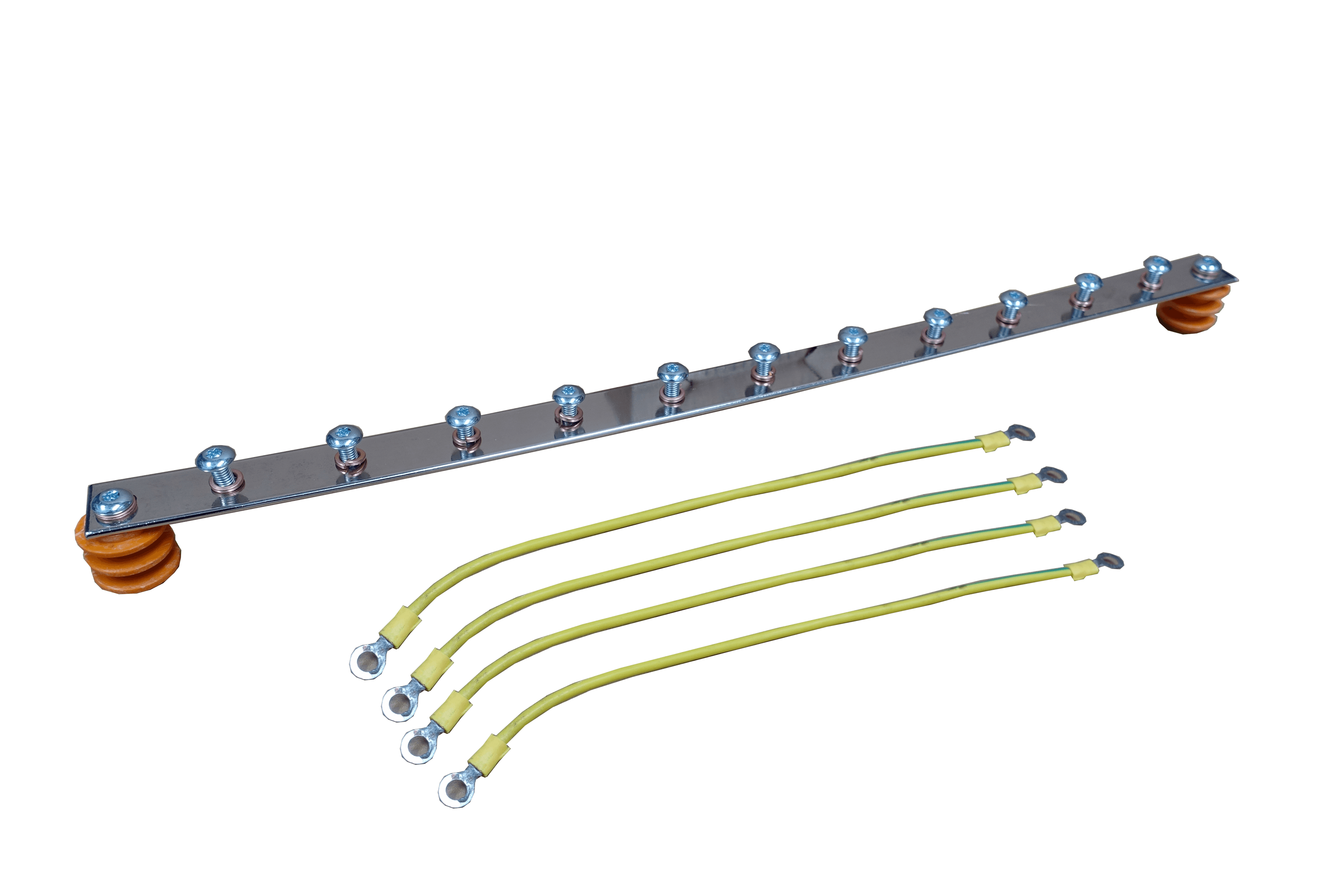 Barra metálica con varios tornillos y cuatro cables amarillos con terminales. Barra metálica con varios tornillos y cuatro cables amarillos con terminales.
